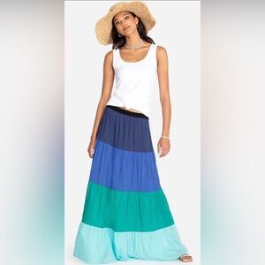 Johnny Was Yadira Colorblock Maxi Skirt Ocean Blue Teal Tiered Boho Size XL